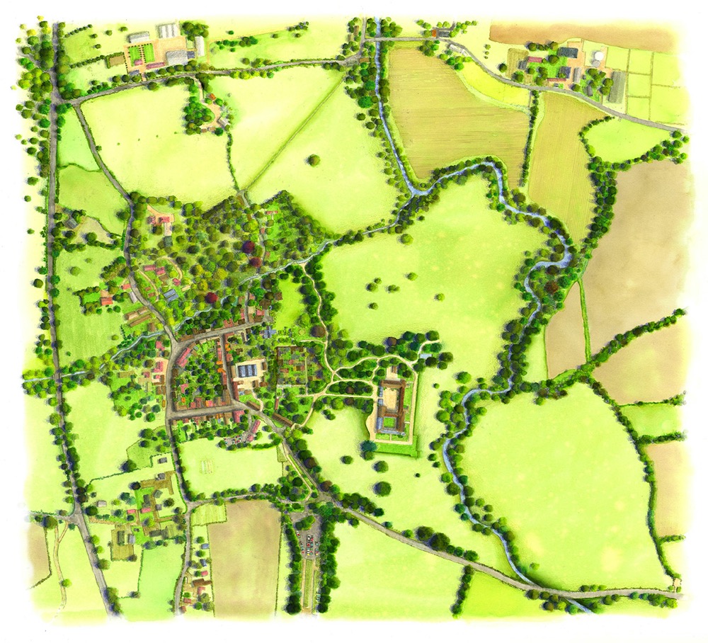The National Trust : Lacock, Wiltshire. Illustrated map view of the countryside around the village