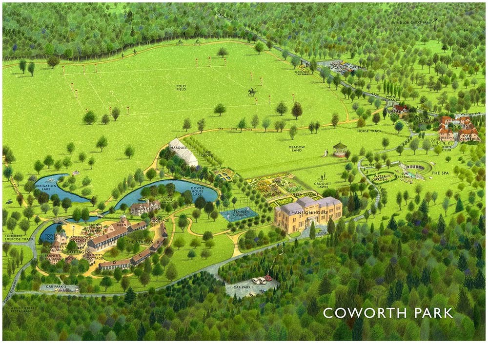 Dorchester Collection : Coworth Park Hotel, Sunningdale . Illustrated aerial view of hotel and grounds