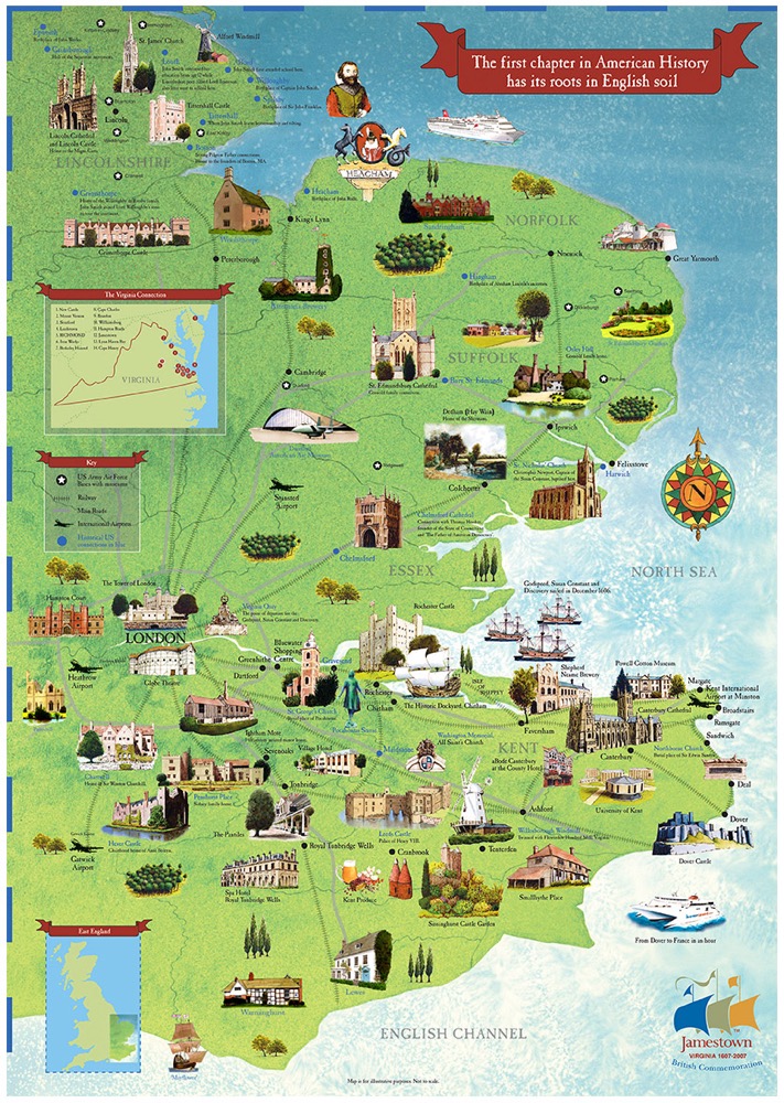 Fox Kalomaski and Kent Tourist Authority : Poster map image illustrating the UK historical roots for the people of Jamestown USA for the 400th Anniversary of Jamestown 