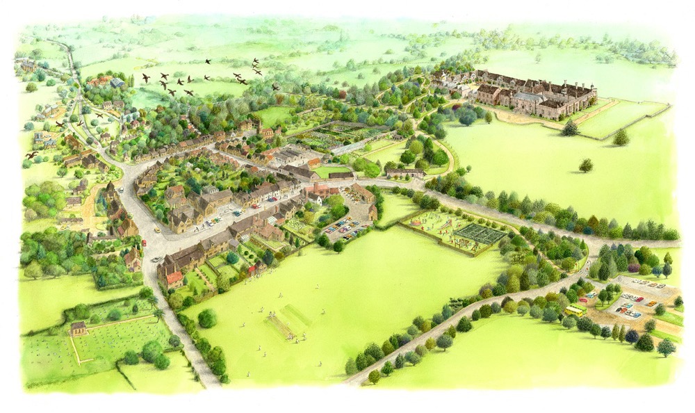 The National Trust : Lacock, Wiltshire - aerial view illustration of the Village and Lacock Abbey
