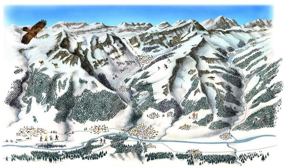 Schweizer Berghilfe : Young & Rubicam, Zürich - aerial view illustration of the Curaglia Valley.