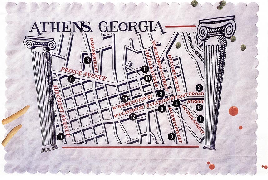 Q Magazine : REM - their beginnings in Athens, Georgia - map as a diner place-mat...