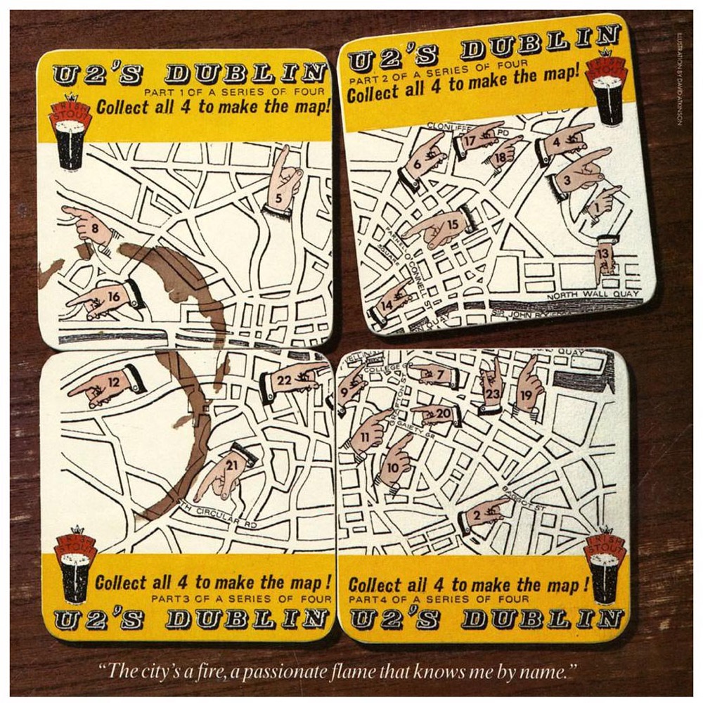 Q Magazine : 'Maps and Legends' U2 in Dublin - collect all four beer-mats to make the map...
