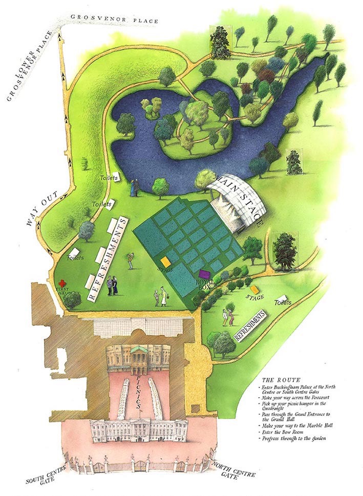 Party at the Palace 2002 : Queen Elizabeth II 50th Anniversary . illustrated aerial view of Buckingham Palace