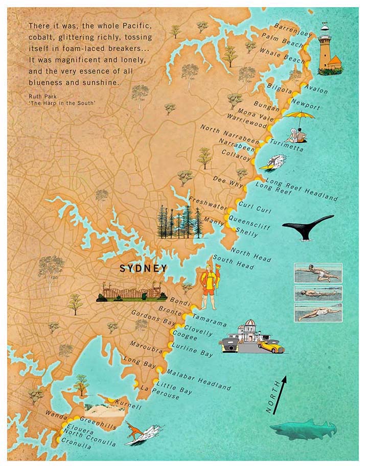 New South Publishing, Sydney . 'Sydney's Beaches' illustrated locations map